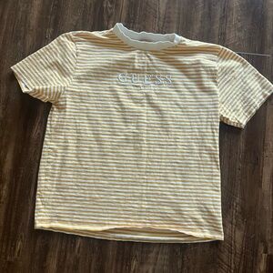 GUESS White and Yellow Gold Striped Tee. Large